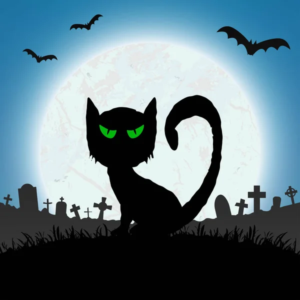 Gato Assustador Frente Uma Lua Cheia Com Pedras Graves Outros — Vetor de Stock