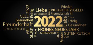 Yeni yıla ait kelime bulutlu vektör dosyasını 2022 selamlama ve siyah arkaplan ile tamamlar