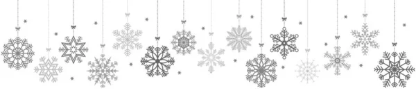 ベクトルパノラマバナークリスマスと冬の時間概念と白の色の背景のための異なるぶら下げ雪の星 — ストックベクタ