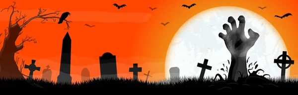 Untote Zombie Hand Vor Vollmond Mit Gruseligen Illustrationselementen Für Halloween — Stockvektor