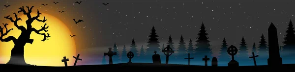 Epsベクトル墓地の森の前で満月と怖いイラスト要素のハロウィーンの背景レイアウト — ストックベクタ