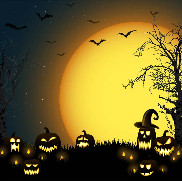 Жуткий Хэллоуин Мертвое Дерево Некоторыми Страшные Тыквы Перед Апельсином Полнолуние — стоковый вектор
