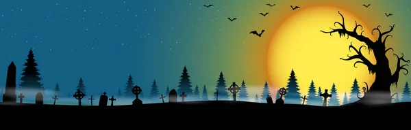 Eps Vektorfriedhof Vor Wäldern Bei Vollmond Mit Gruseligen Illustrationselementen Für — Stockvektor