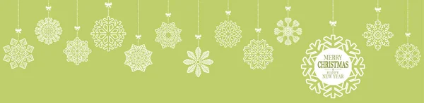 不同的挂着的雪星代表圣诞节和冬季的概念 还有圣诞节和绿色背景的新年的问候 — 图库矢量图片