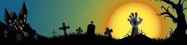 Vektör dosyası, ürkütücü şato ve zombi eli dolunayın önünde Cadılar Bayramı için çizilmiş korkutucu unsurlarla