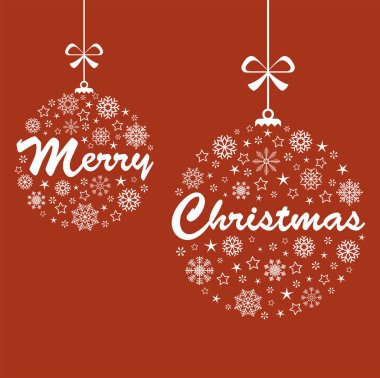 Xmas ve kış dönemi konseptleri için farklı soyut kar tanesi simgeleriyle bembeyaz mücevherler asmak, Mutlu Noeller mesajları iki takı içinde, arka plan renkli kırmızı