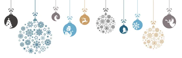 クリスマスと冬の時間の概念 雪のフレークの泡とクリスマスと新年の挨拶のための異なる抽象的なアイコンと青の色のボールをぶら下げ — ストックベクタ