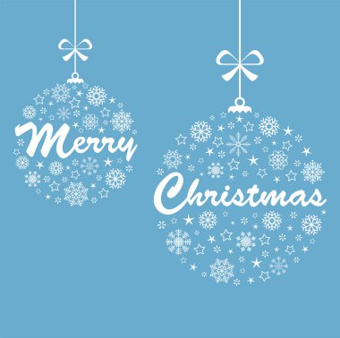 Xmas ve kış dönemi konseptleri için farklı soyut kar tanesi simgeleriyle bembeyaz mücevherler asmak, Mutlu Noeller mesajları iki takı içinde, arka plan mavisi