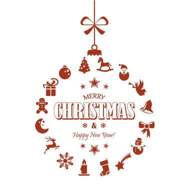 Sarkık renkli kırmızı renkte asılı olan vektör, kış zamanı konseptleri için farklı soyut noel simgelerinden oluşur.