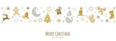 Yılbaşı ve kış zamanı kavramları ve yeni yıl için tipik soyut xmas sembolleriyle birlikte yılbaşı kutlamaları içeren vektör dosya pankartı