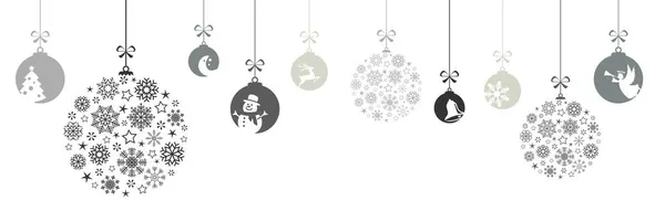 Hängende Silberfarbene Christbaumkugeln Mit Verschiedenen Abstrakten Ikonen Für Weihnachts Und — Stockvektor