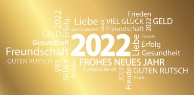 Yeni yıla ait kelime bulutlu vektör dosyasını 2022 selamlama ve altın arkaplan ile tamamlar