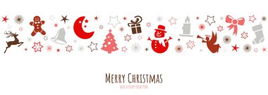 Yılbaşı ve kış zamanı kavramları ve yeni yıl için tipik soyut xmas sembolleriyle birlikte yılbaşı kutlamaları içeren vektör dosya pankartı