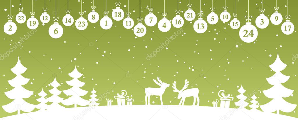 hanging christmas balls colored white with numbers 1 to 24 showing advent calendar for xmas and winter time concepts with wintry fir tree background and snow fall