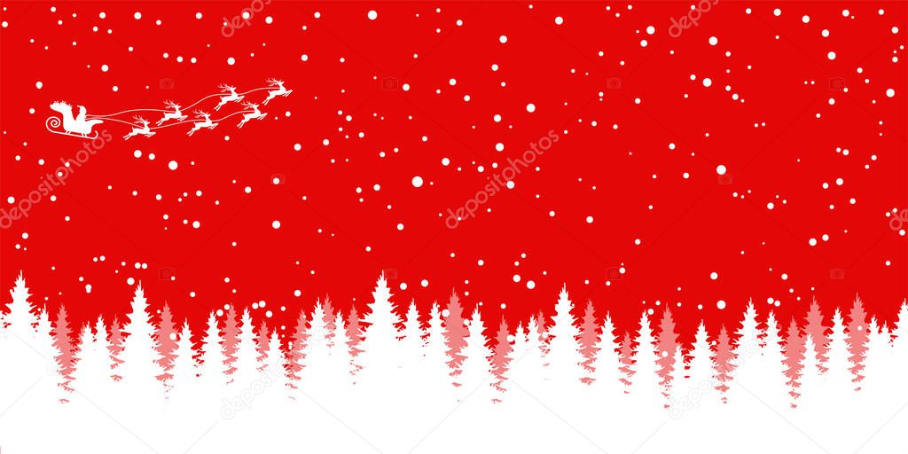 EPS 10 vector file showing christmas time nature landscape background with snow fields, firs, santa claus on his sled with reindeer and colored background