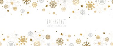 EPS 10 vektör arkaplan dosyası Noel zamanı kar tanelerinin üstte ve altta xmas ve yeni yıl kutlamaları (Almanca metin) renkli altın ve beyaz