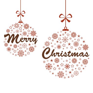 Xmas ve kış zamanı kavramları için farklı soyut kar taneleri simgeleriyle süslenmiş takılar asılı. Mutlu Noeller mesajları iki takı içinde.