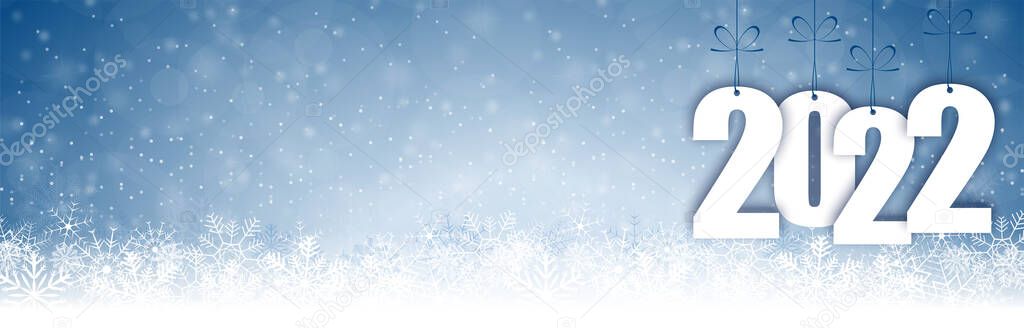 EPS 10 panorama banner background with snow fall, light effects and greetings for christmas and New Year 2022