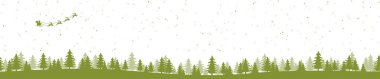 EPS 10 vektör dosyası Noel zamanı tabiat manzarasını kar tarlaları ile gösteren, hediyelerle uçan Noel Baba, kar yağışı ve renkli arka plan