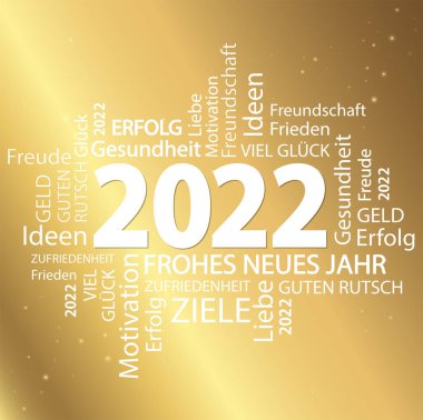 Yeni yıla ait kelime bulutlu vektör dosyasını 2022 selamlama ve altın arkaplan ile tamamlar