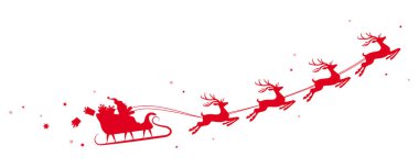 Renkli Noel Baba 'nın silüeti, kızaklı ve ren geyikli vektör çizimleri ve beyaz arka planda izole edilmiş gökyüzünde uçan hediyeler.