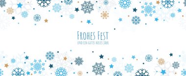 EPS 10 vektör arkaplan dosyası Noel zamanı kar tanelerinin üstte ve altta xmas ve yeni yıl kutlamaları (Almanca metin) renkli mavi ve beyaz