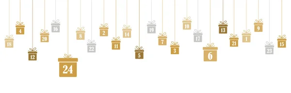 Wiszące Boże Narodzenie Prezentuje Kolorowe Złoto Liczbami Pokazując Kalendarz Adwentowy — Wektor stockowy