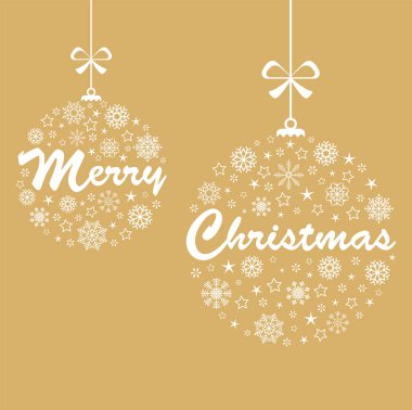 Xmas ve kış dönemi konseptleri için farklı soyut kar tanesi simgeleriyle bembeyaz mücevherler asmak, Mutlu Noeller mesajları iki takı içinde, arka plan renklerinde altın sarısı