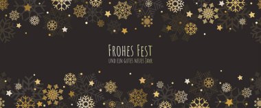 EPS 10 vektör arkaplan dosyası Noel zamanı kar tanelerinin üstte ve altta xmas ve yeni yıl kutlamaları (Almanca metin) renkli altın ve siyah