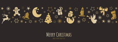 Yılbaşı ve kış zamanı kavramları ve yeni yıl için tipik soyut xmas sembolleriyle birlikte yılbaşı kutlamaları içeren vektör dosya pankartı