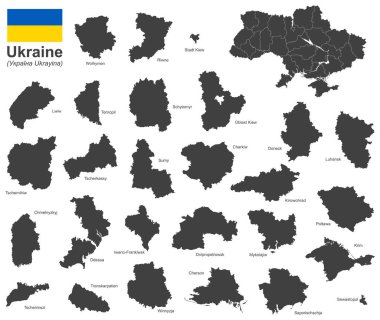 Ülke Ukrayna ve idari bölümlere, oblastlara, özerk cumhuriyetlere ve özel kentlere sahip vektör illüstrasyonunu sürdürüyor