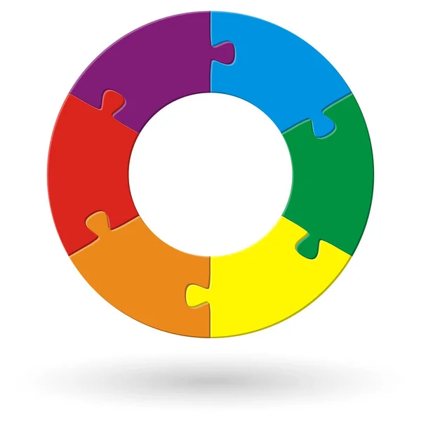 Ronde Puzzel Met Zes Opties Verschillende Kleuren — Stockvector
