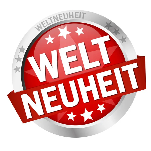 Colored Button Banner Text Weltneuheit — Stock Vector