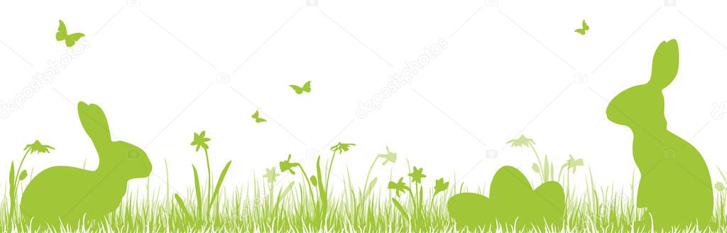 eps vector panorama illustration for easter time, happy fresh background with green silhouette of rabbits with eggs , grass, flowers. Spring time backdrop for celebration concepts