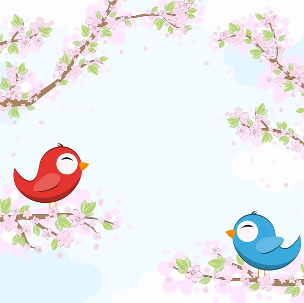 Epsベクトルファイルともに赤と青色の鳥で愛座って枝に花と緑の葉で春の時間 背景と空と光の雲 — ストックベクタ
