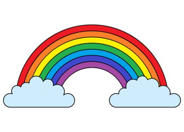 Sonunda açık mavi bulutlar olan harika renkli gökkuşağını gösteren vektör illüstrasyonu