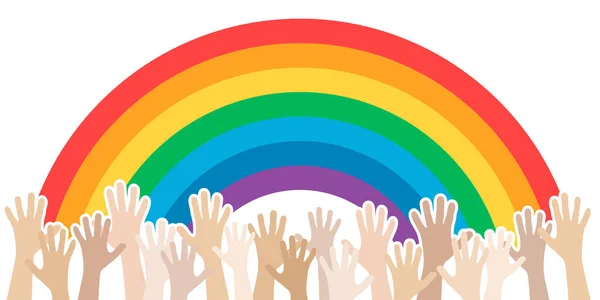Eps Vector Illustration Showing Rainbow Colored Background Many Hands Rising — Vector de stock