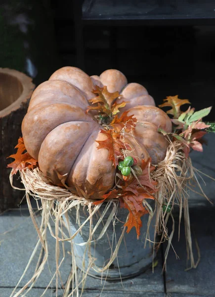 Koncepcja Halloween Dynią Wiadrze Strzał Świeżym Powietrzu — Zdjęcie stockowe