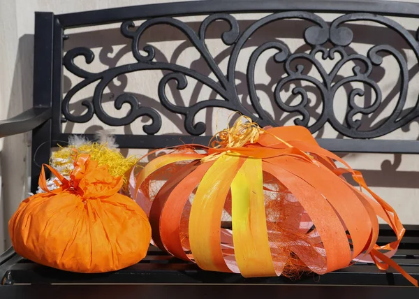 Closeup Picture Decorative Orange Pumpkins Made Paper Sunny Garden — Stock Photo, Image