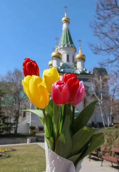 Ein Nahaufnahme Bild Bunter Tulpen Vor Der Nikolai Kirche Sofia — Stockfoto