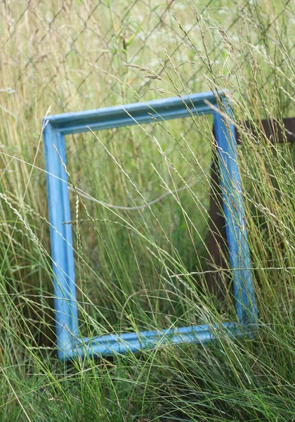 Close Beeld Van Oude Schilderijlijsten Door Hoog Gras Met Een — Stockfoto