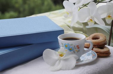 Kahve zamanı konsepti, bir fincan kahve, güzel beyaz orkide, ev yapımı kurabiyeler ve beyaz bez üzerine mavi kitaplar, açık hava çekimi.