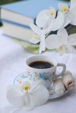 Kahve zamanı konsepti, bir fincan kahve, güzel beyaz orkide, ev yapımı kurabiyeler ve beyaz bez üzerine mavi kitaplar, açık hava çekimi.