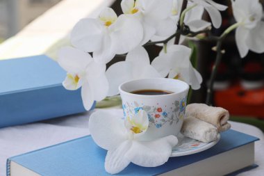 Kahve zamanı konsepti, bir fincan kahve, güzel beyaz orkide, ev yapımı kurabiyeler ve beyaz bez üzerine mavi kitaplar, açık hava çekimi.