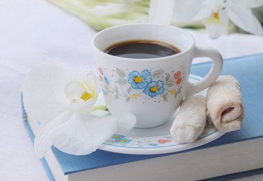 Kahve zamanı konsepti, bir fincan kahve, güzel beyaz orkide, ev yapımı kurabiyeler ve beyaz bez üzerine mavi kitaplar, açık hava çekimi.