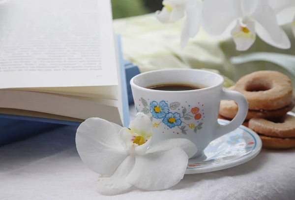 Coffee Time Concept Cup Coffee Beautiful White Orchid Homemade Cookies — Stock Photo, Image