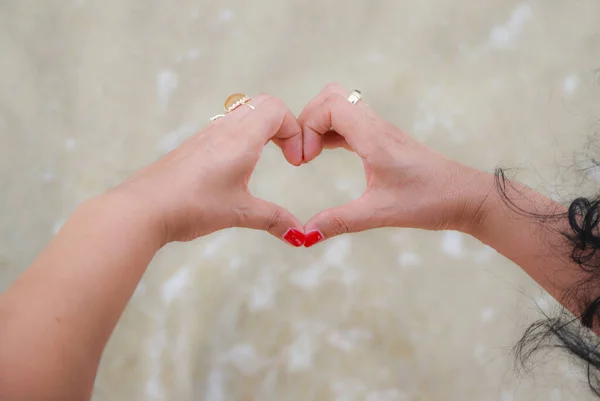 Summertime Concept Woman Hands Forming Heart Her Fingers Sea Water — Foto Stock