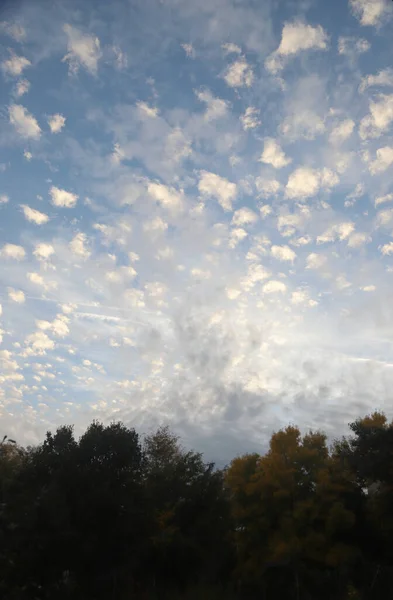 Herbststimmung Mit Flauschigen Wolken Über Einem Bunten Wald Kurz Vor — Stockfoto