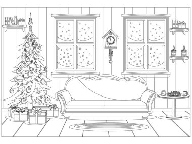 Çocuklar ve yetişkinler için yeni yıl ve Noel kutlaması için vektör odası şeklinde boyama kitabı.