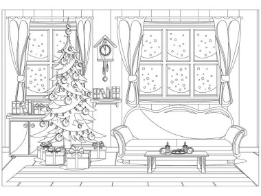 Çocuklar ve yetişkinler için yeni yıl ve Noel kutlaması için vektör odası şeklinde boyama kitabı.